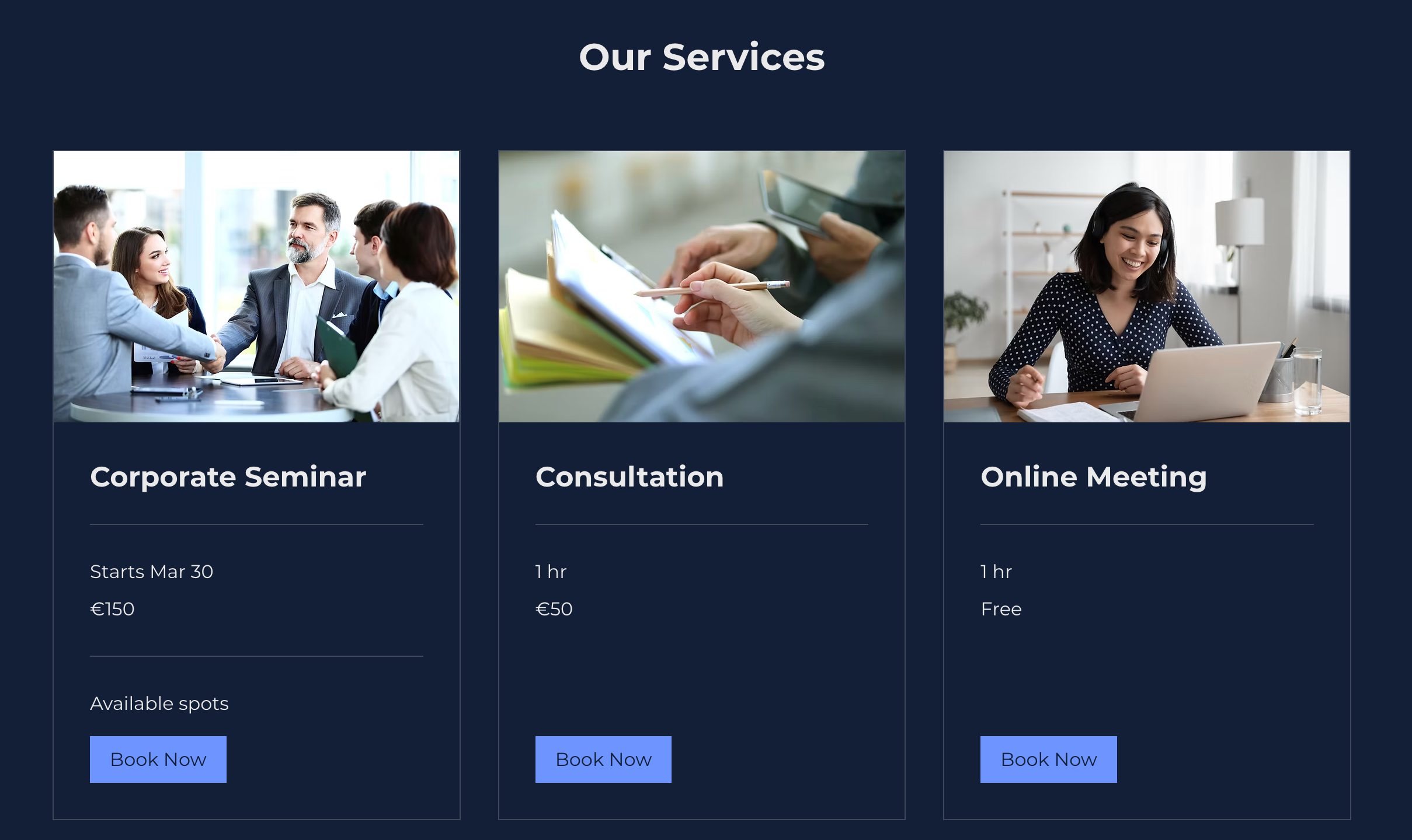 Example of 3 services displayed on a live site