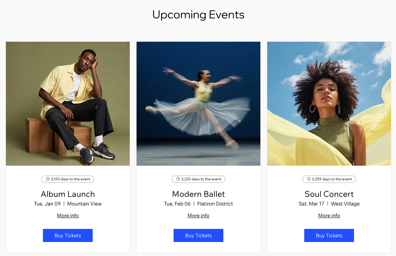 Example of the event list with three events on a site