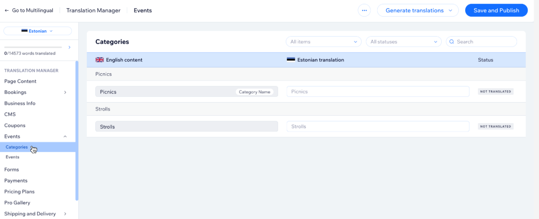 A screenshot of the Categories section under Events in Translation Manager.
