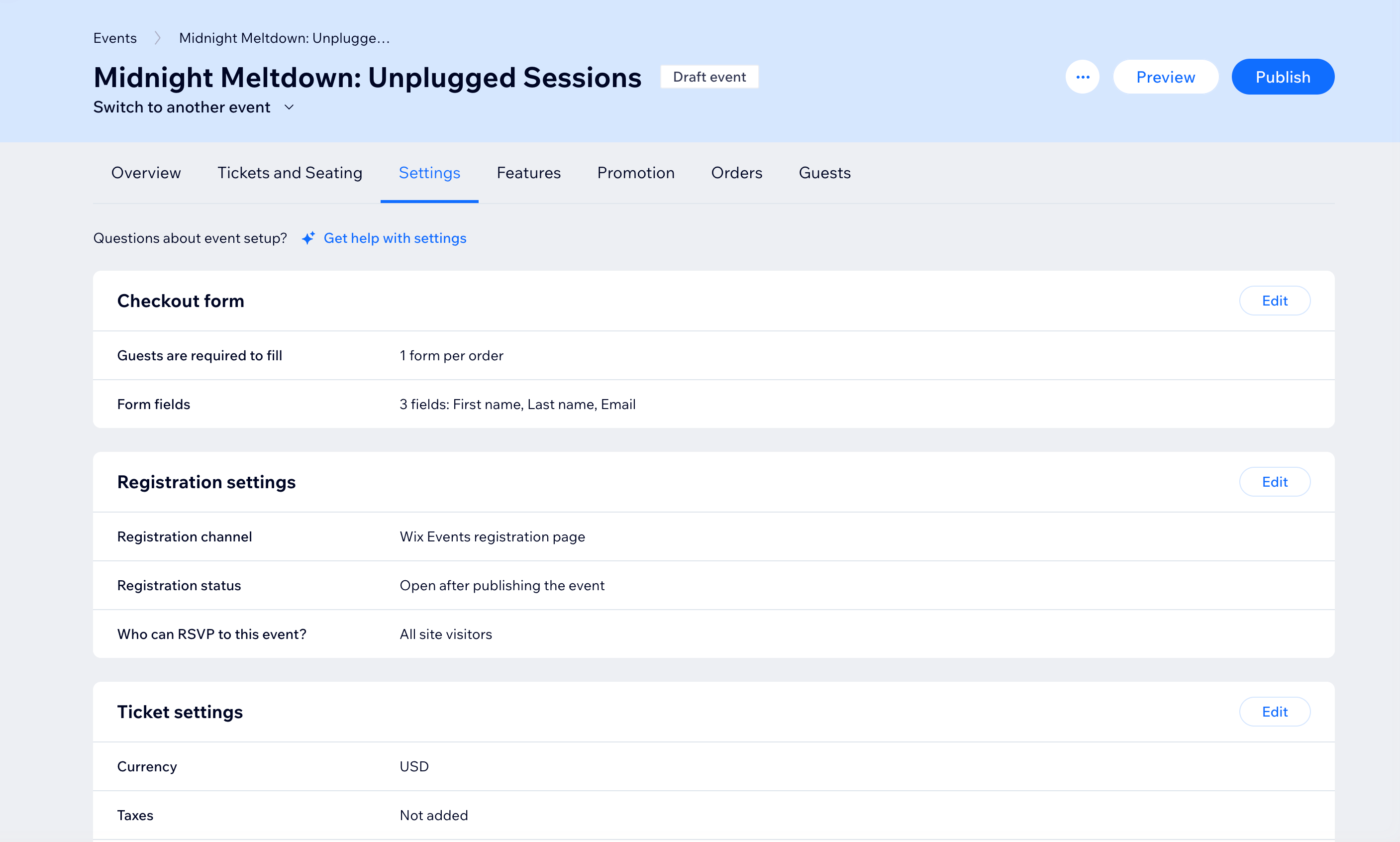 Screenshot of the Settings tab open for a ticketed event
