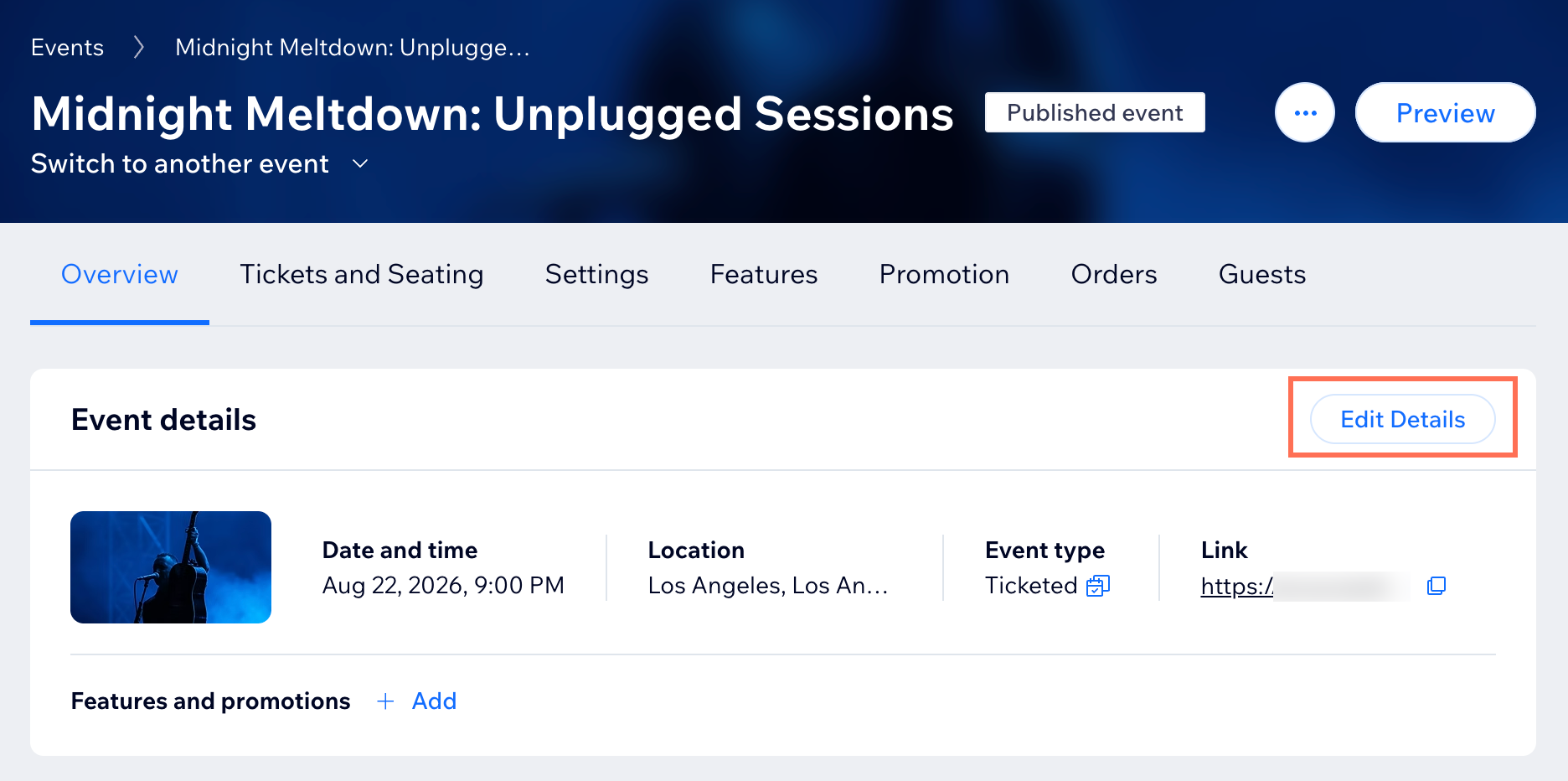 Overview tab for a published event open. The Edit details button is highlighted.