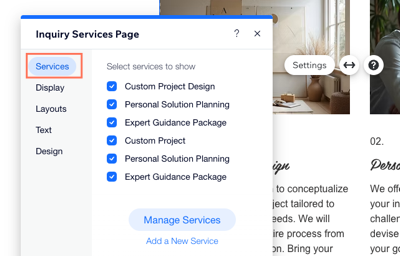 Il pannello Impostazioni della pagina Servizi su richiesta nell'Editor Wix con la scheda Servizi selezionata