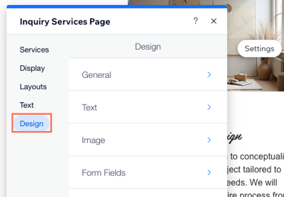 Il pannello Impostazioni della pagina Servizi su richiesta nell'Editor Wix con la scheda Design selezionata