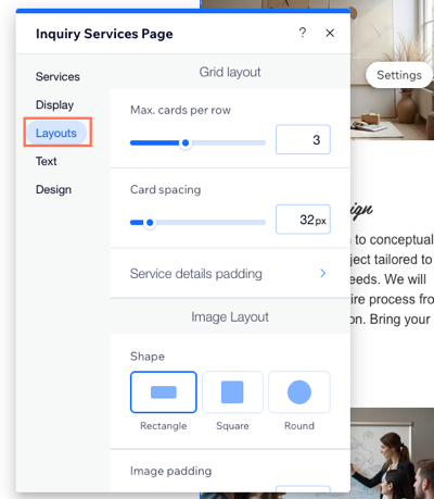 Il pannello Impostazioni della pagina Servizi su richiesta nell'Editor Wix con la scheda Layout selezionata