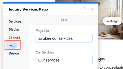 Il pannello Impostazioni della pagina Servizi su richiesta nell'Editor Wix con la scheda Testo selezionata