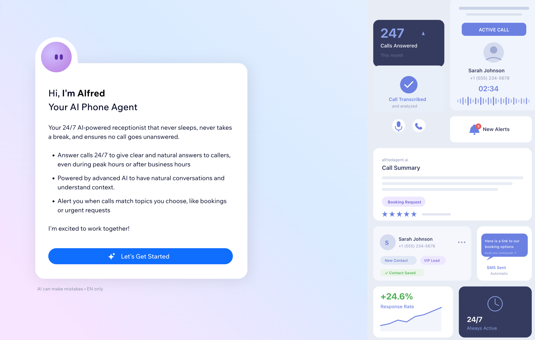 The Phone Agent dashboard showing Alfred's onboarding screen