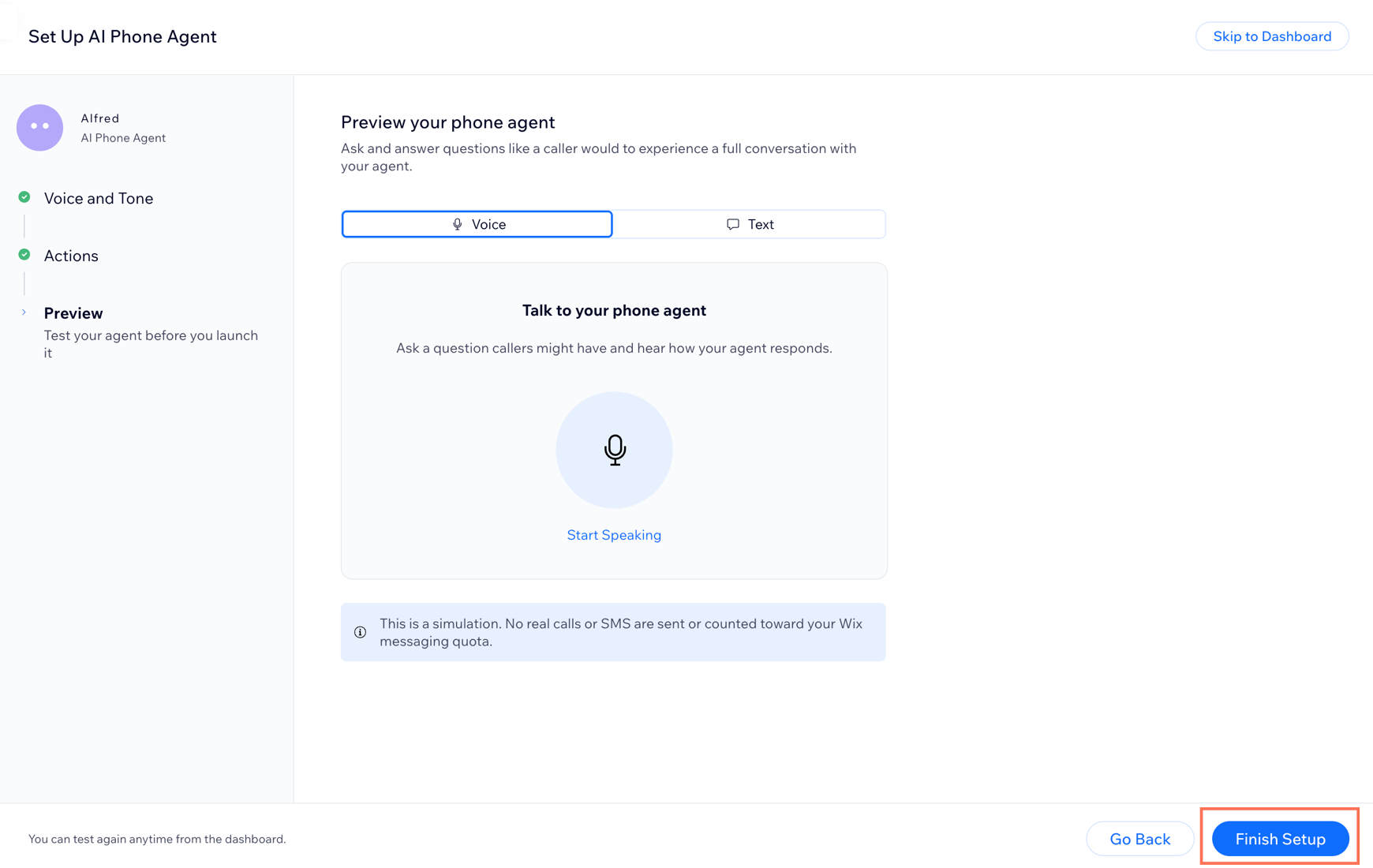 The setup wizard Preview step with options to test your agent by voice or text