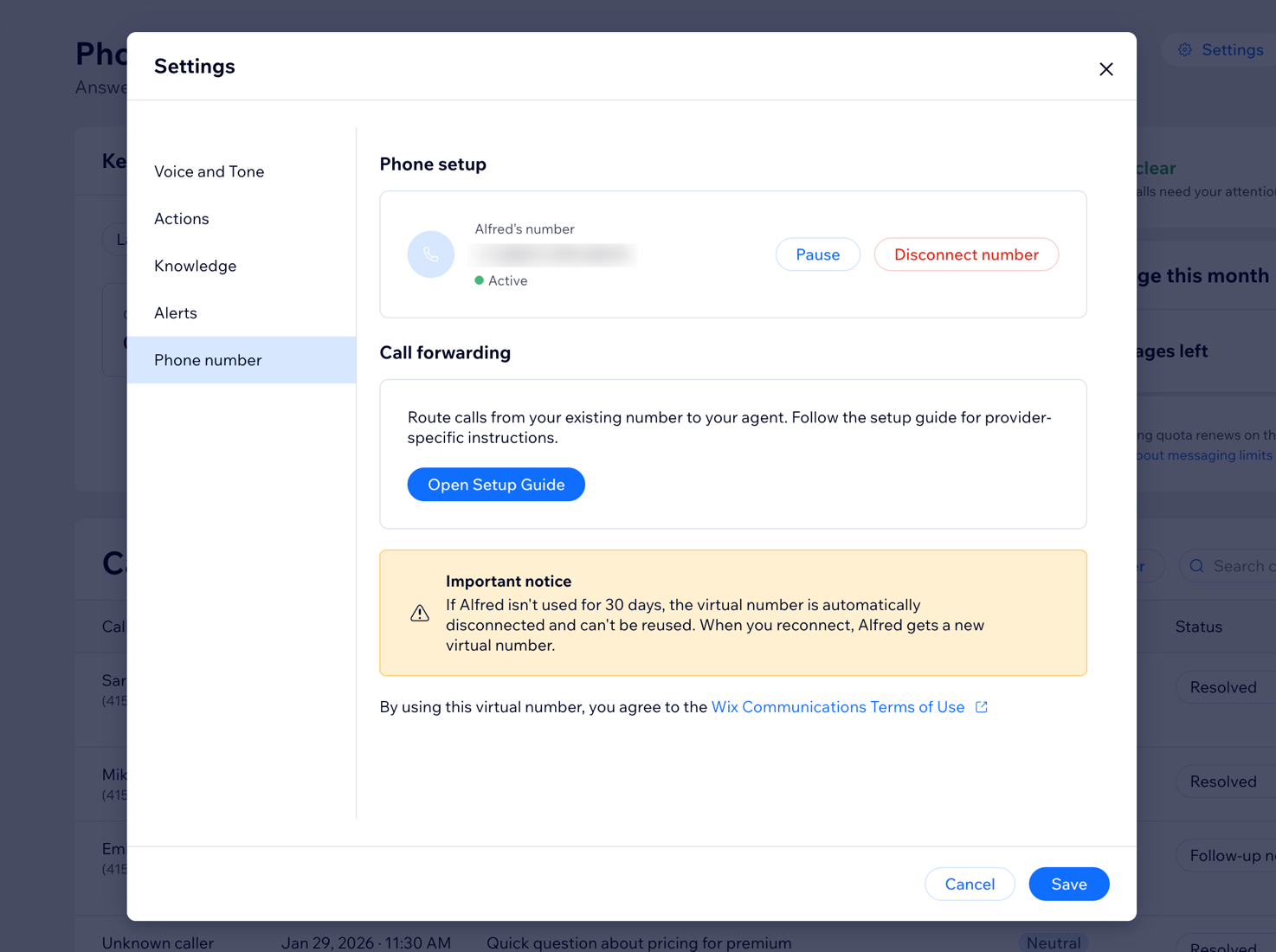 The Settings panel Phone number tab showing an active virtual number and call forwarding options
