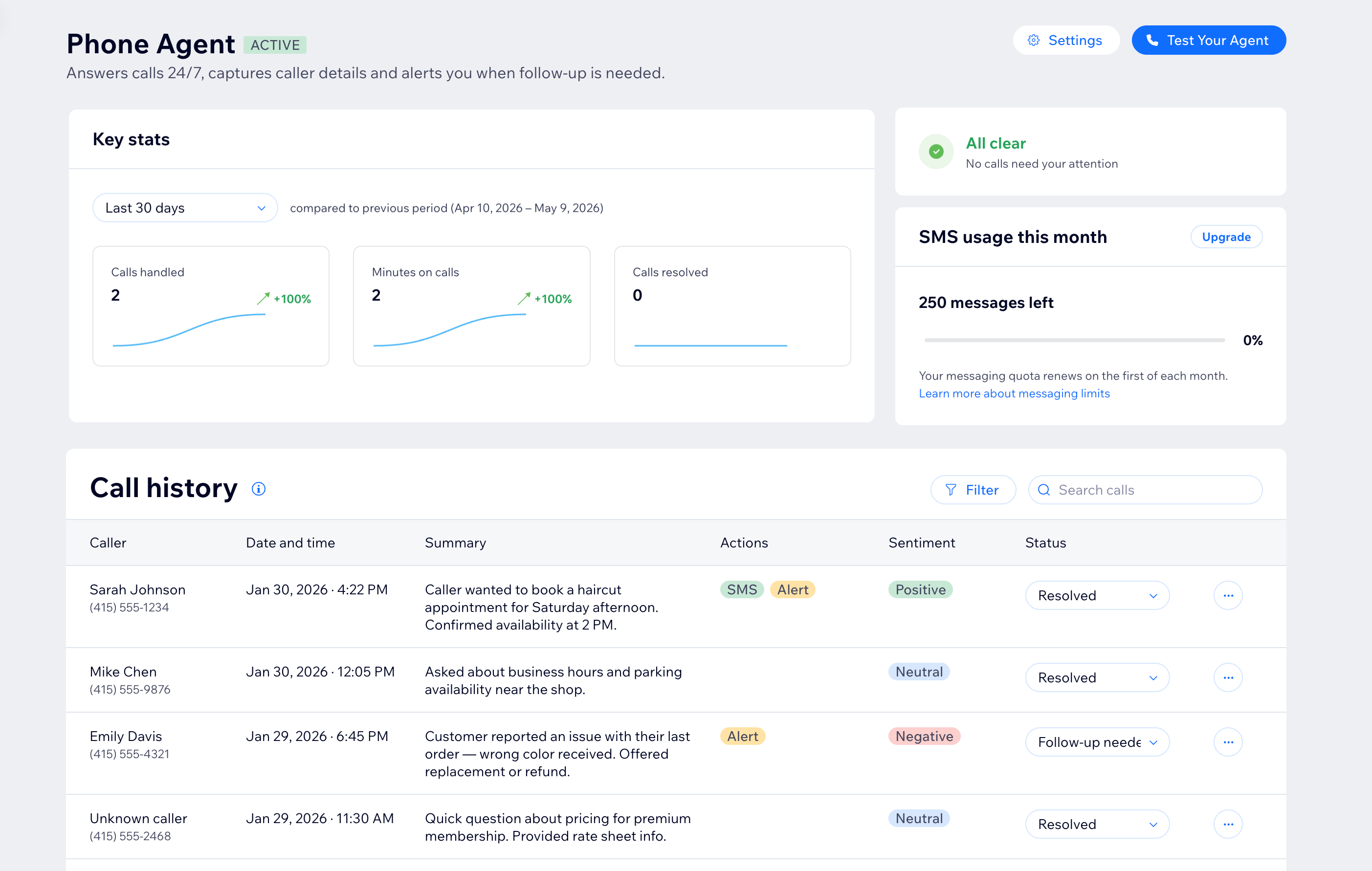 The Phone Agent dashboard showing key stats, call history, and SMS usage