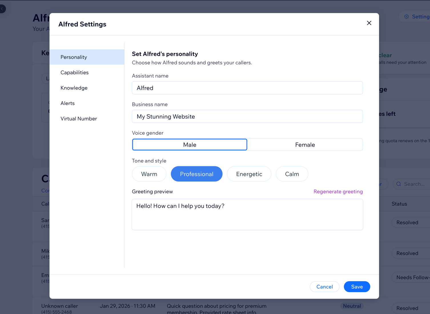 The Settings panel Personality tab with fields for agent name, business name, voice, tone, and call greeting