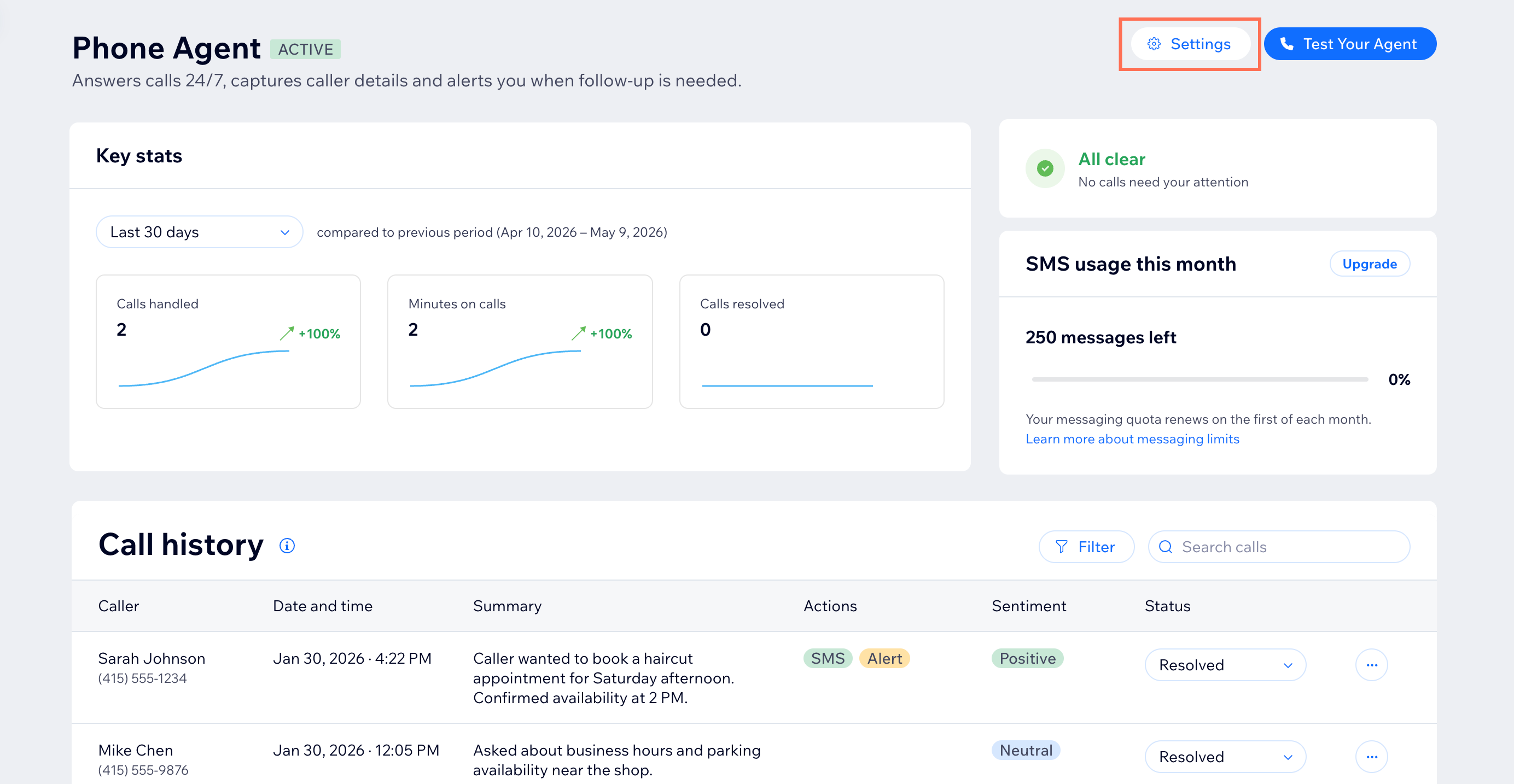 The Phone Agent dashboard with the Settings button highlighted