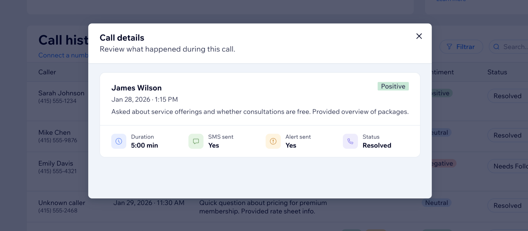 A call details panel showing a call summary, sentiment, duration, SMS sent, alert sent, and status
