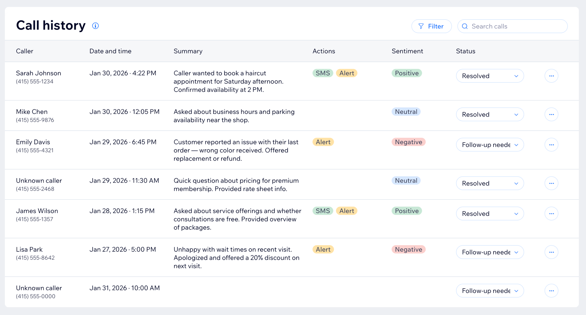 The call history table showing caller names, summaries, sentiment labels, and call statuses