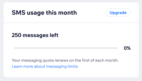 The SMS usage panel showing messages remaining and a monthly renewal note