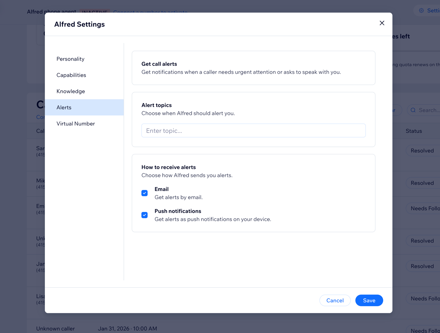 The Settings panel Alerts tab with options for alert topics and notification delivery
