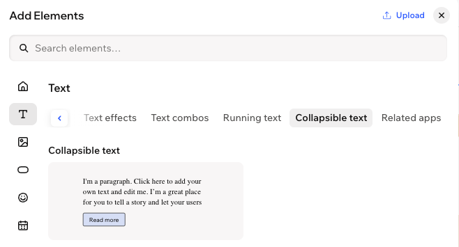Screenshot of add elements panel in wix harmony editor. The collapsible text is selected.