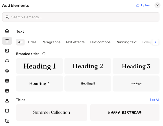 Screenshot van het Elementen toevoegen-paneel in Wix Harmony, Tekstpaneel geselecteerd.