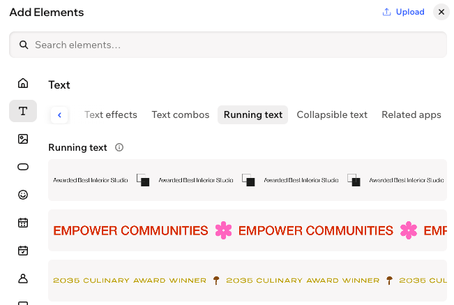 Screenshot del pannello Aggiungi elementi nell'Editor Wix Harmony. La scheda Tesco scorrevole è selezionata