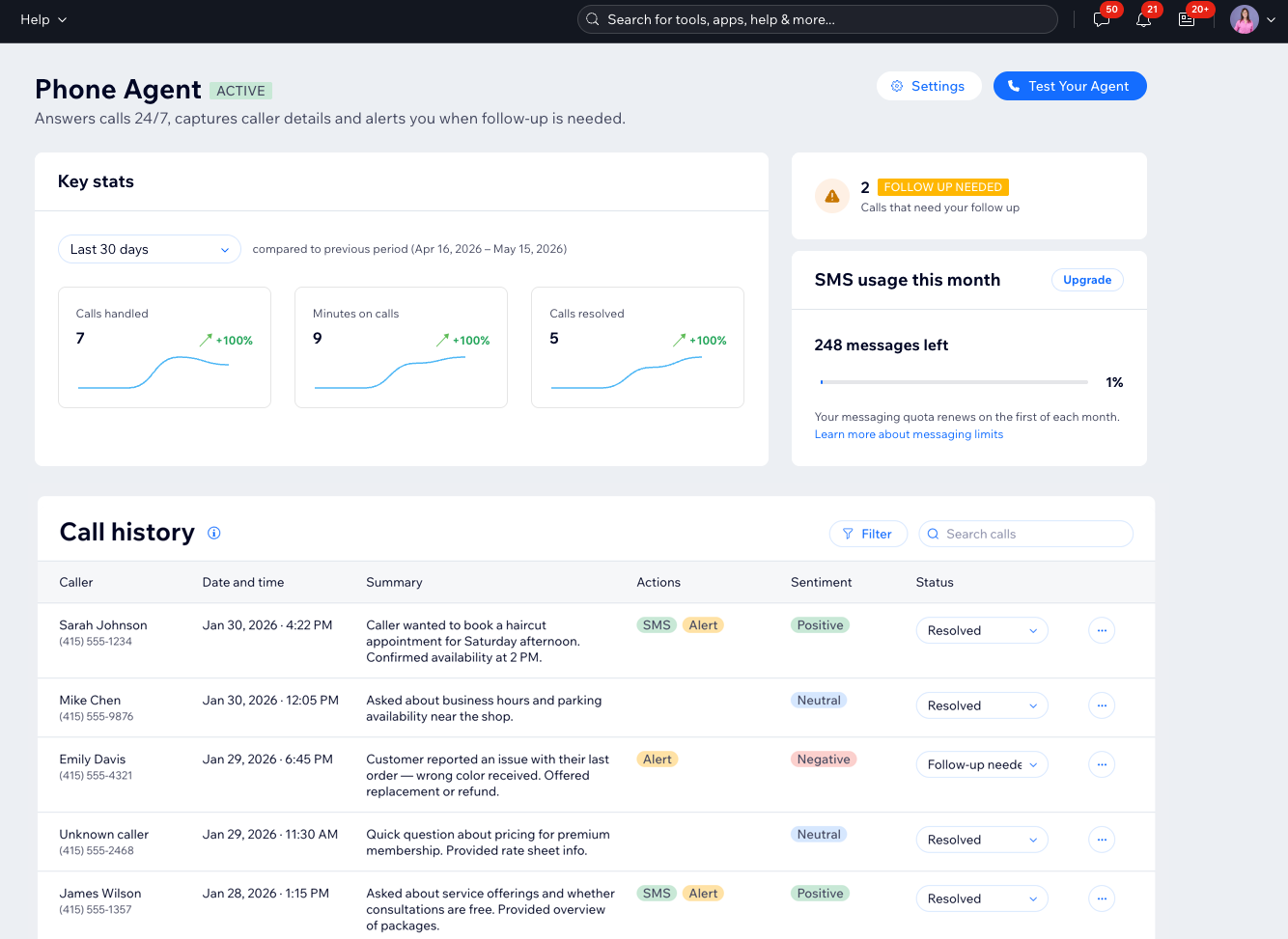 A screenshot of the Phone agent dashboard.