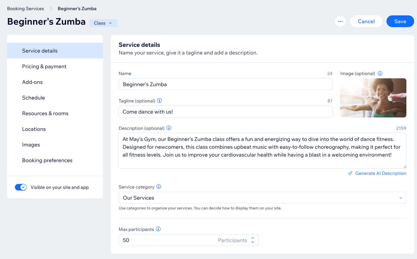 A screenshot showing the service details section of adding a course.