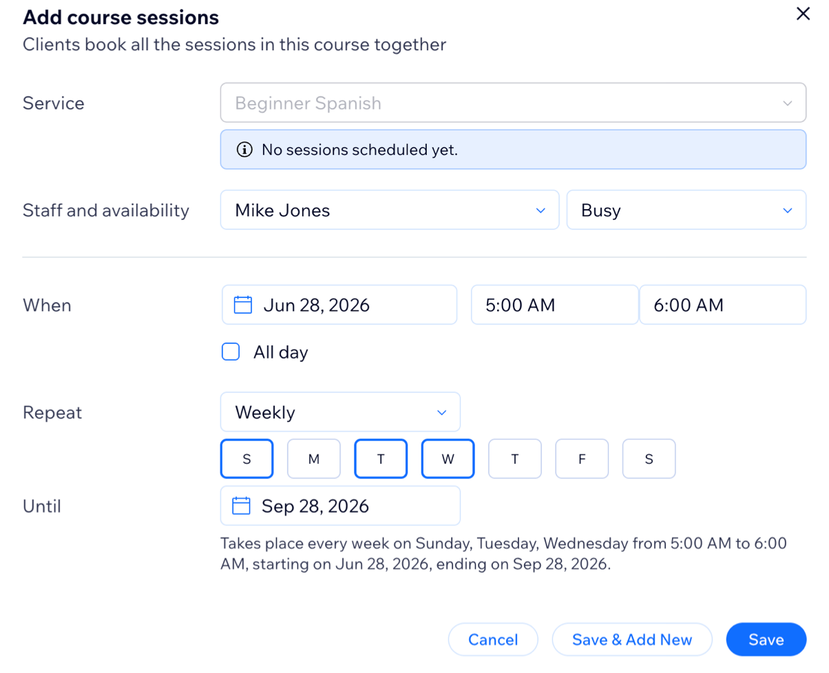 Add courses section open creating a new beginner spanish course session