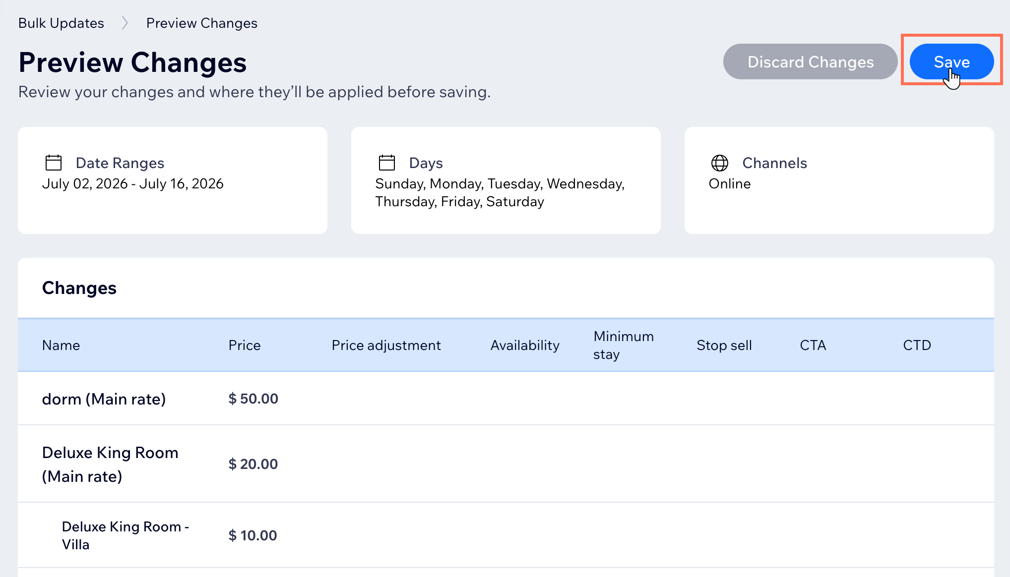 Preview Changes page with the Save button highlighted