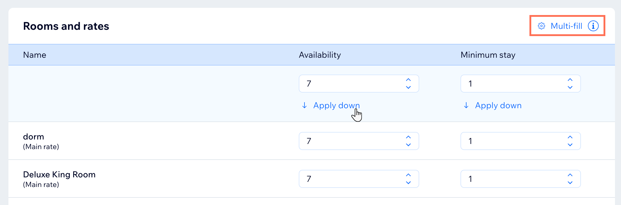 Rooms and rates table with the Multi-fill button highlighted