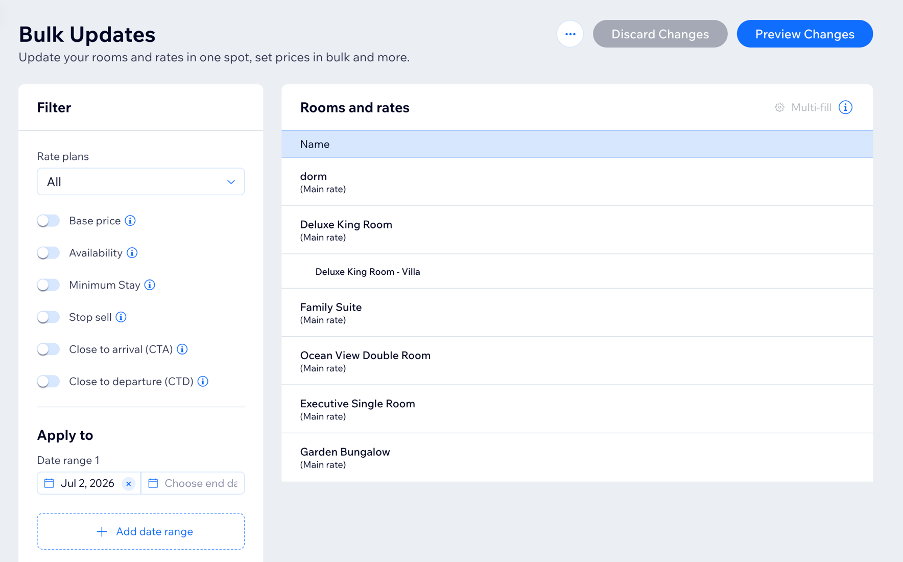 Bulk Updates page showing filter toggles and a list of room types