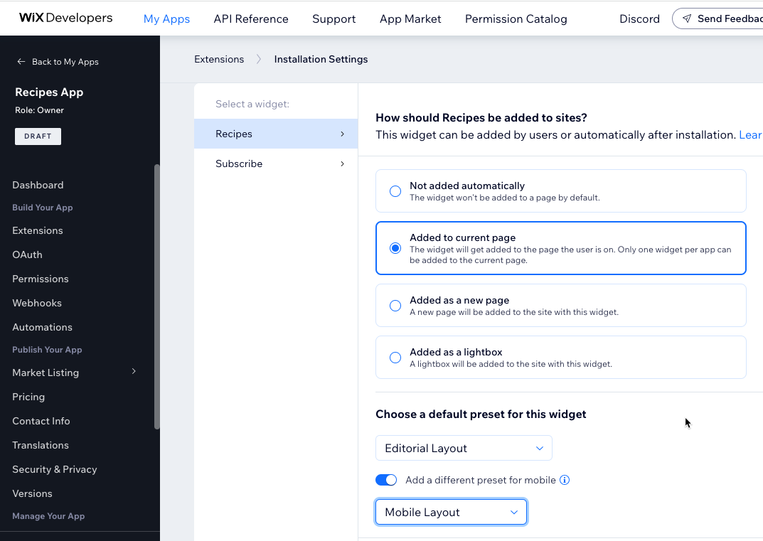 installation settings recipes