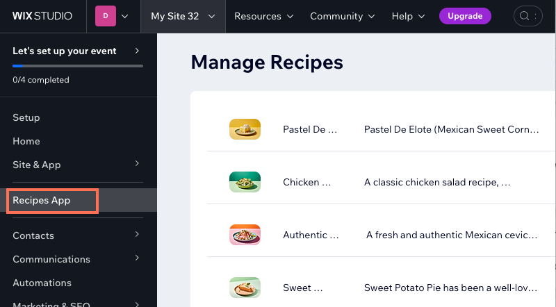 recipes app studio dashboard