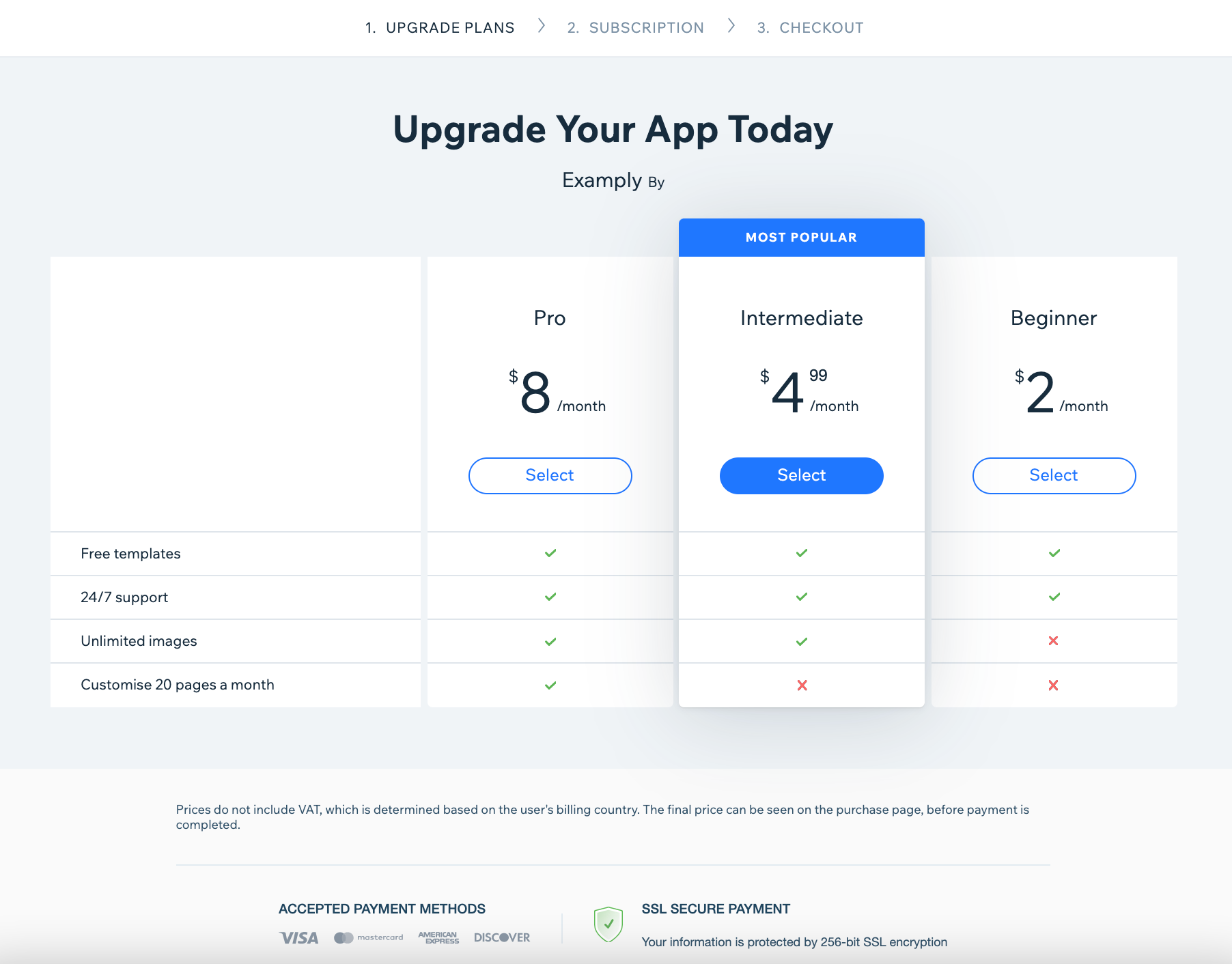 example pricing page