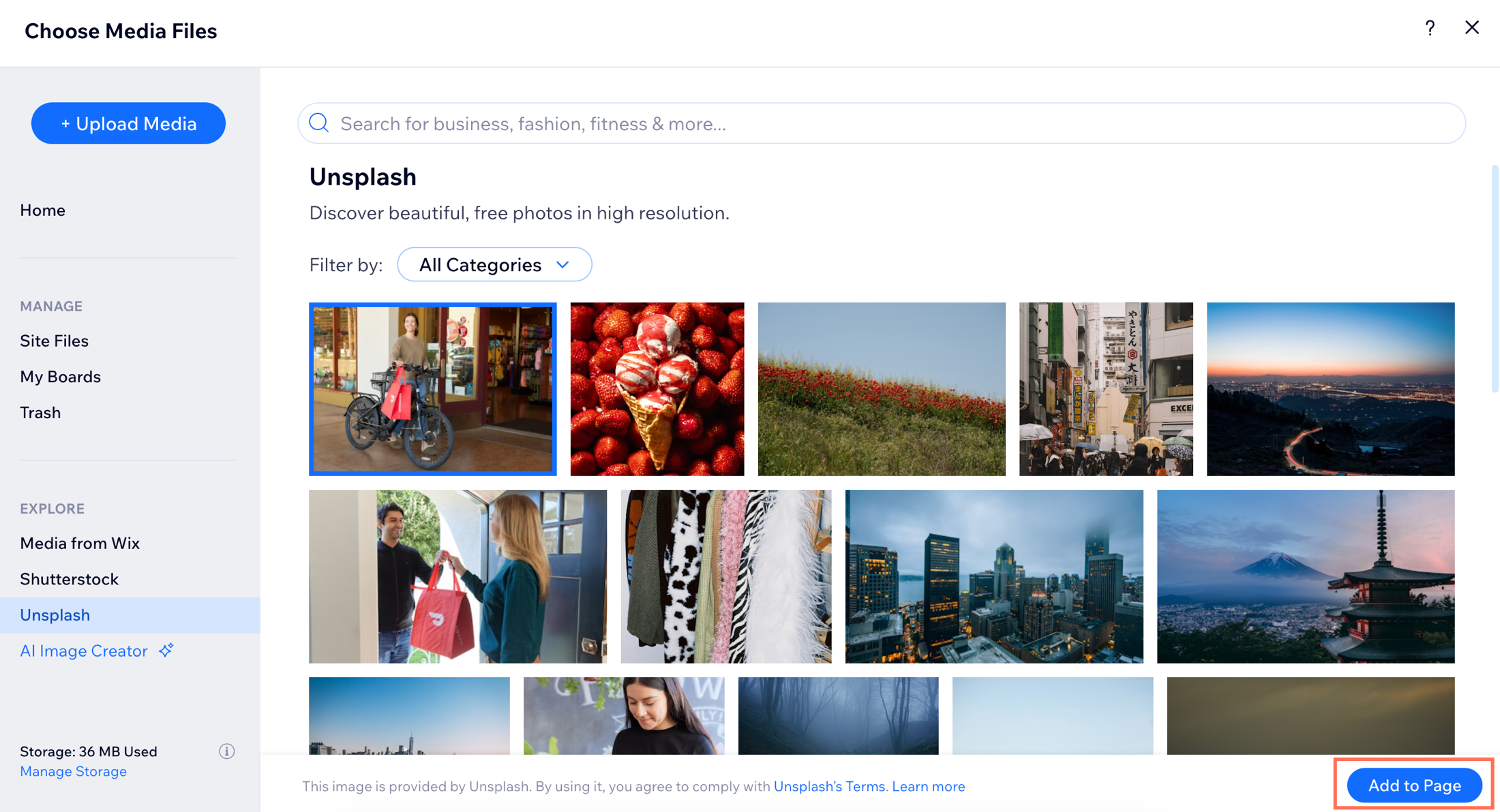 Wix Medya Yöneticisi'nde Unsplash'tan görüntü seçmenin ekran görüntüsü.