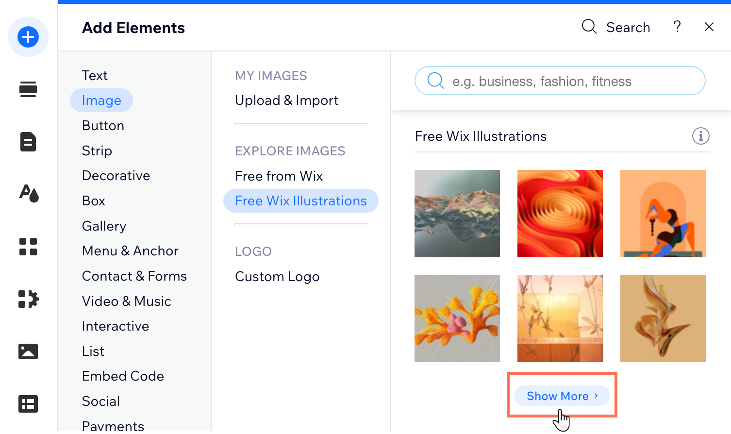 Screenshot of Show More button in Free Wix Illustrations.