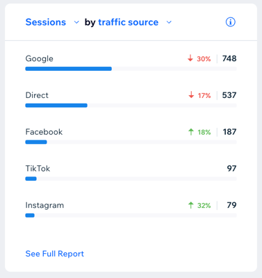 screenshot of traffic by source and the percentage, ranging from google to Instagram