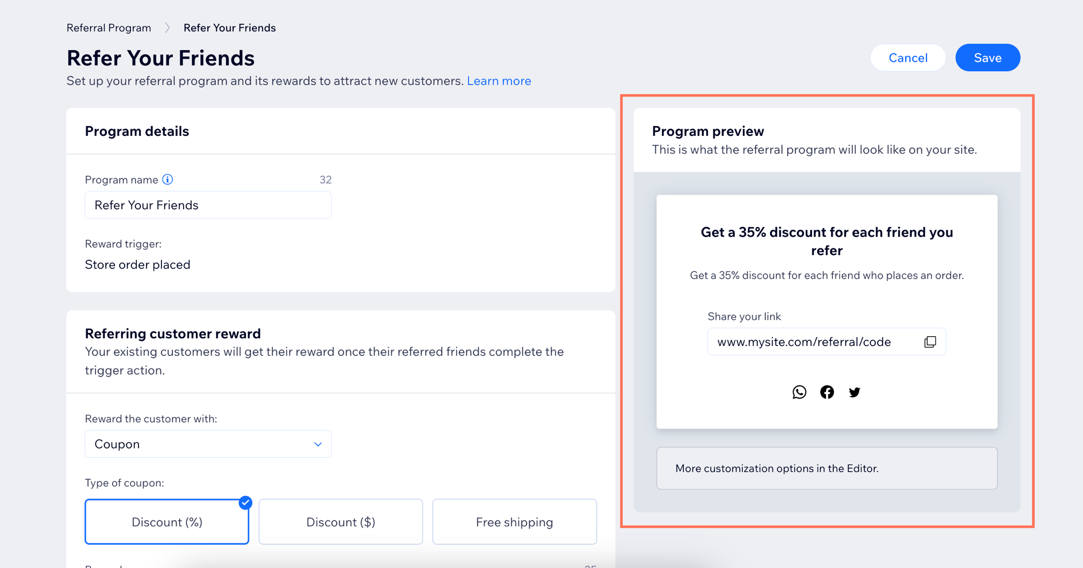 La section d'aperçu du programme où vous pouvez voir les informations du programme de parrainage que vous venez de configurer