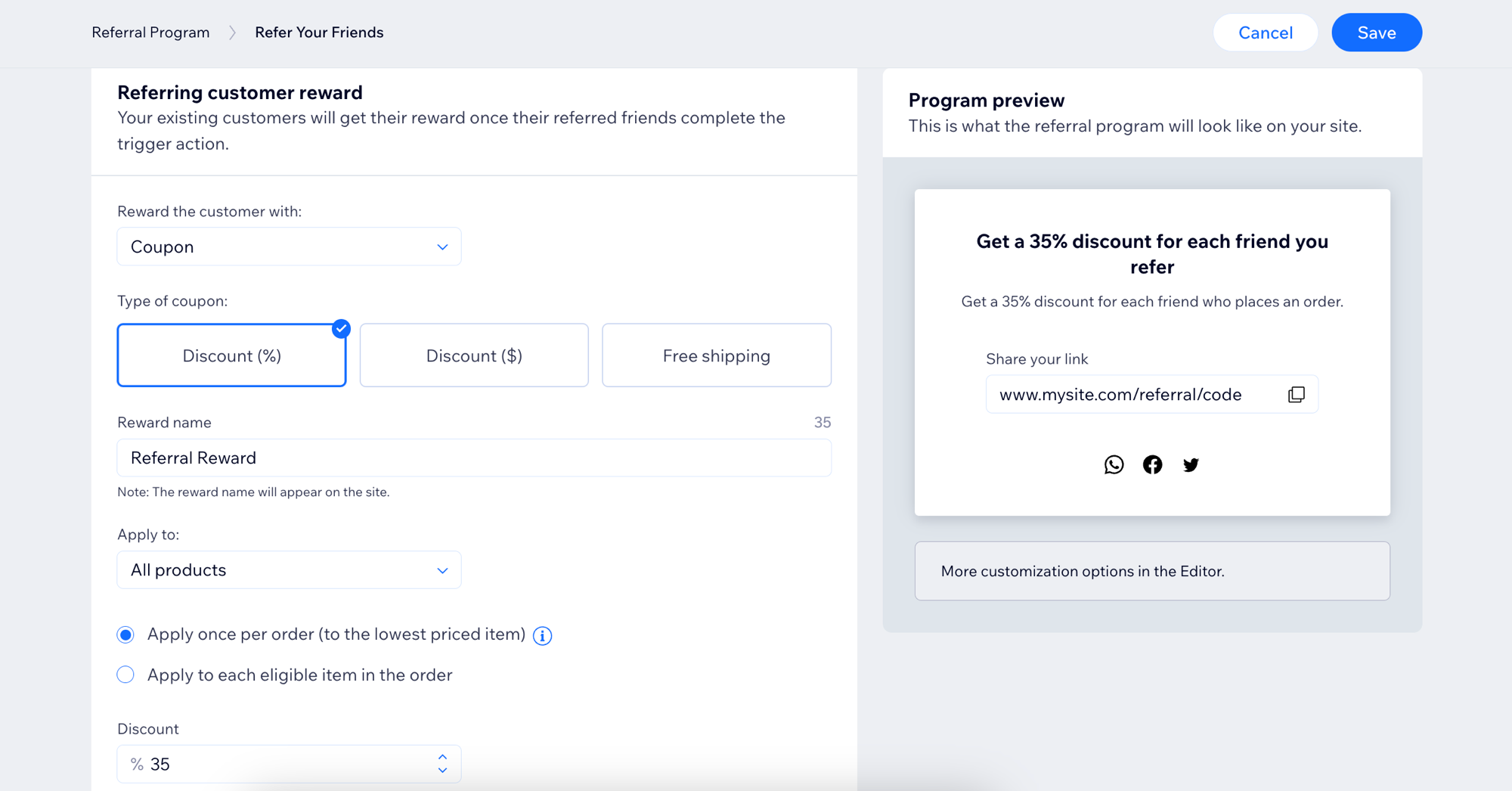 A screenshot of setting up referring customer reward on the dashboard