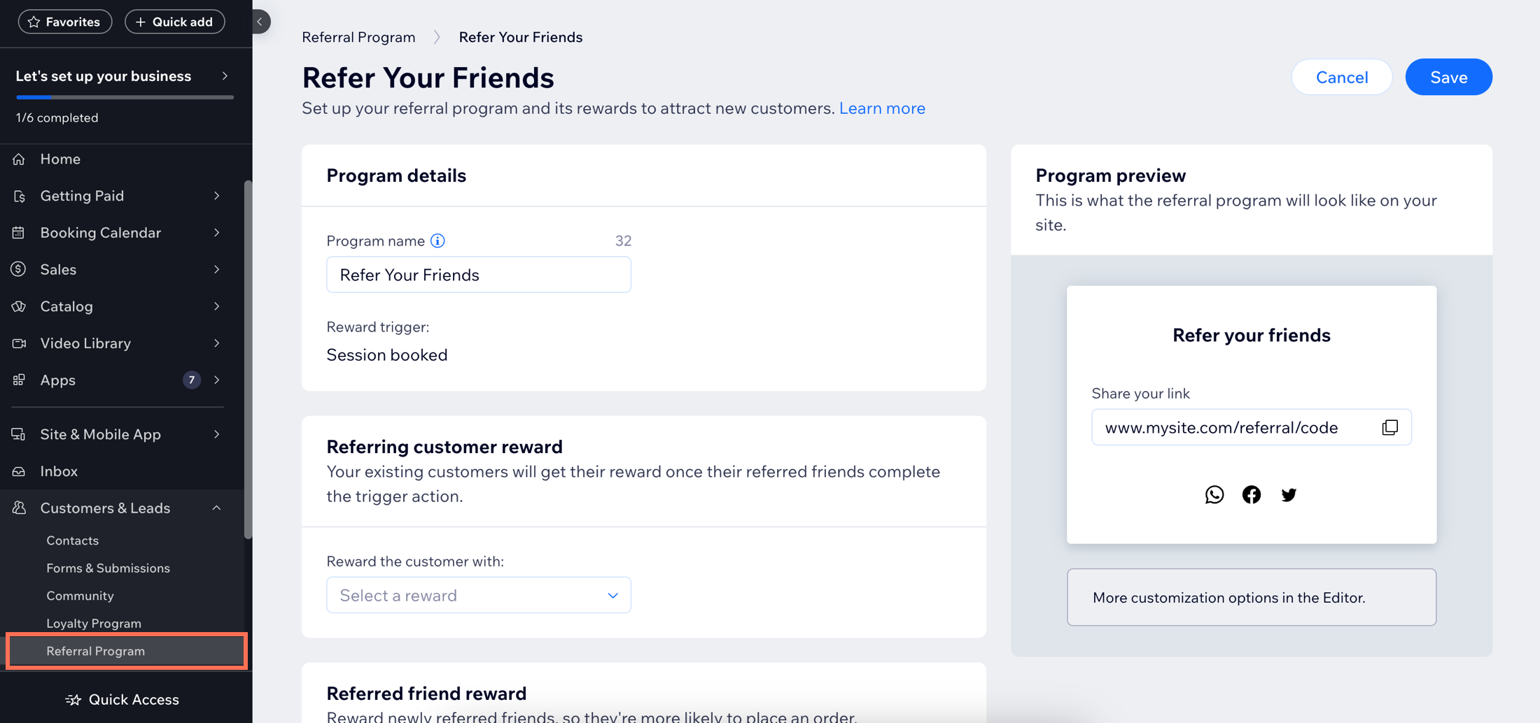 A screenshot of referral program set up on the dashboard