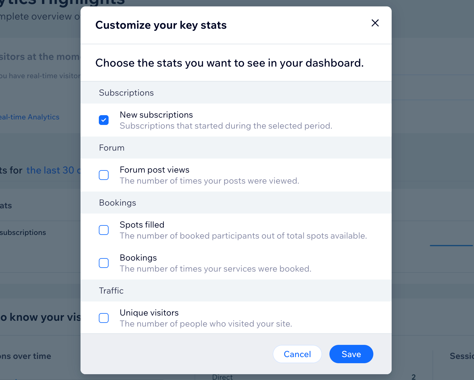 A screenshot of adding new metrics to the key stats panel.