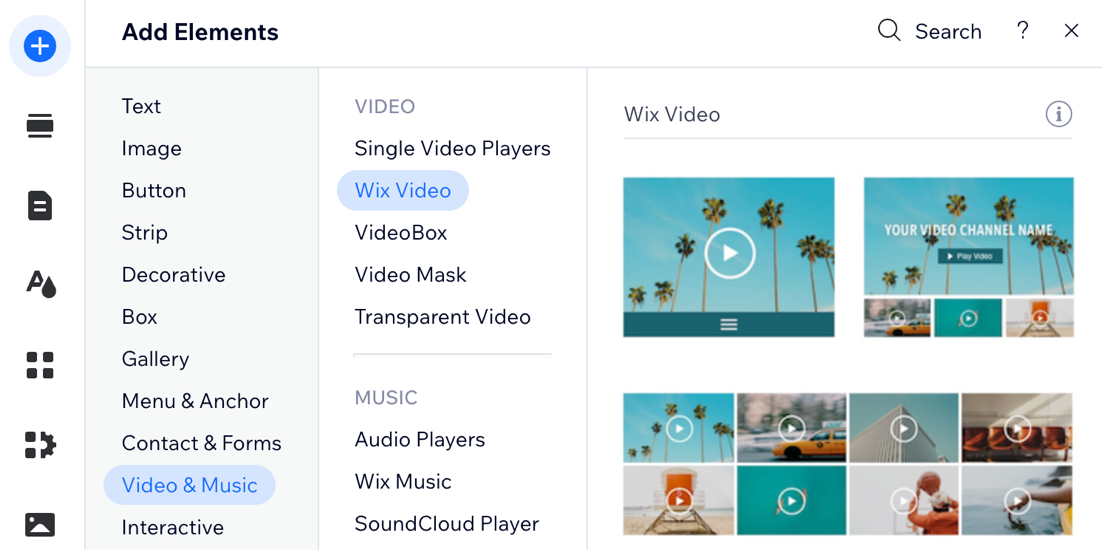 Capture d'écran de l'ajout de Wix Vidéo dans l'Éditeur Wix.