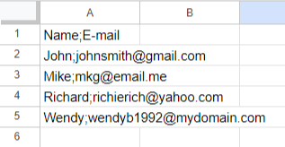 A screenshot of names and emails in a spreadsheet separated by a semicolon