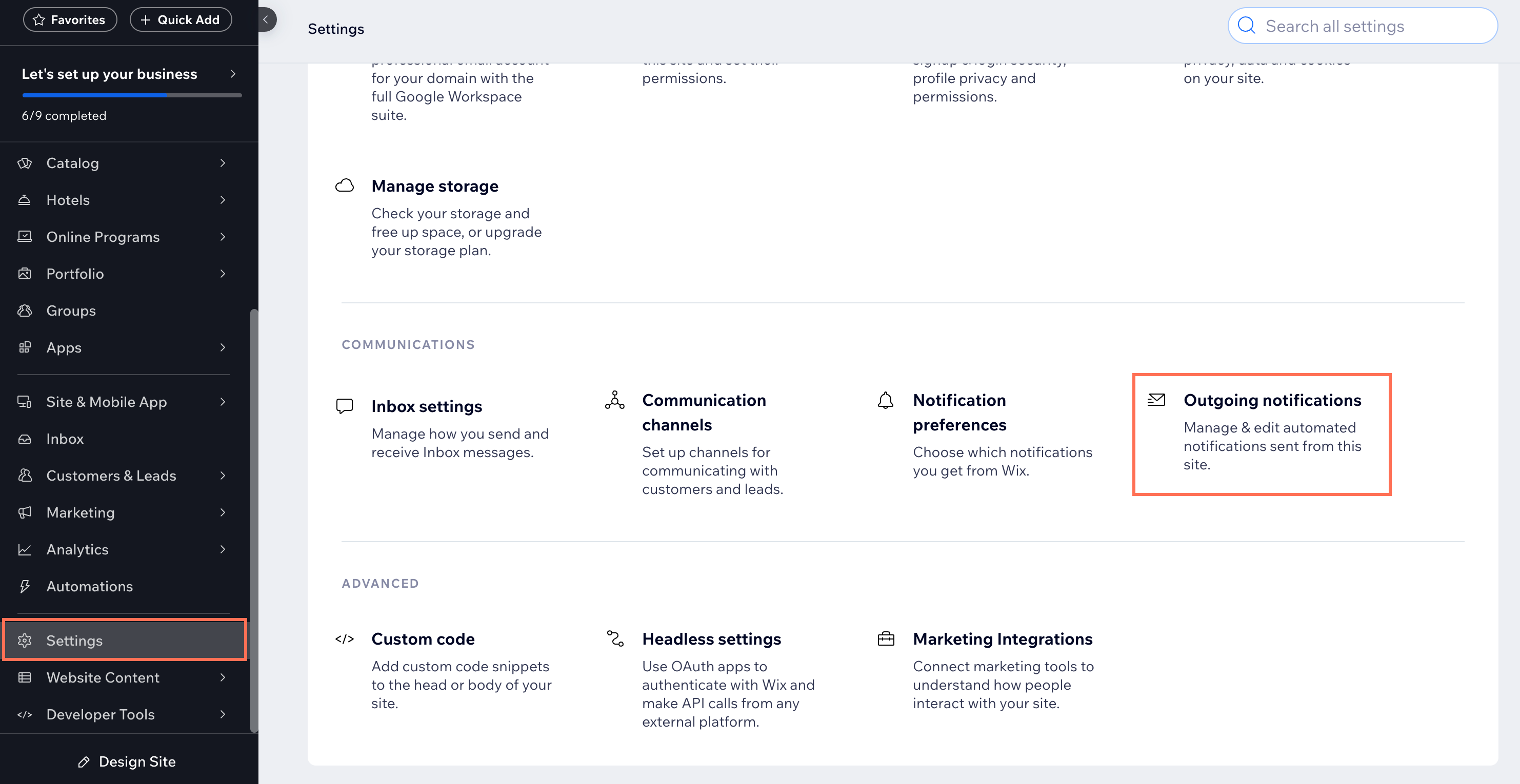 Uma captura de tela mostrando notificações enviadas em Configurações no painel de controle.