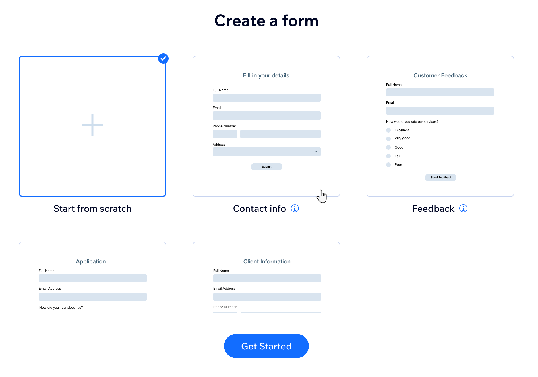 A screenshot of choosing a standalone form template.