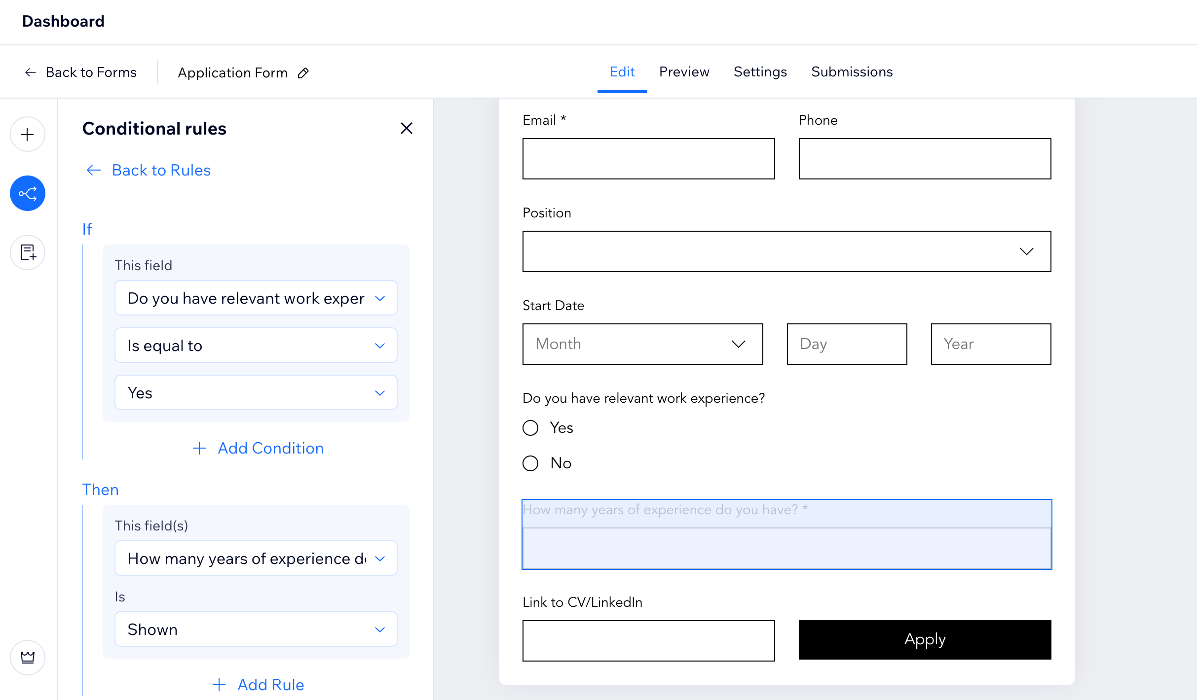 A screenshot of conditional rules in a new form in the Wix site dashboard.