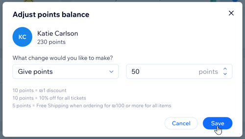 A screenshot of giving loyalty points to a customer.