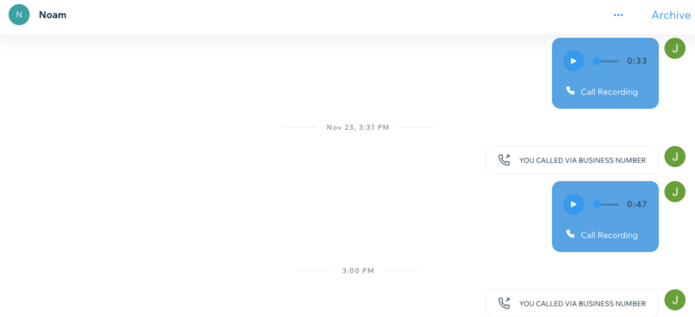 Wix Inbox 사이트 대시보드의 통화 녹음 내역 스크린샷.