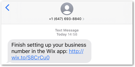 A screenshot of the SMS message a user receives from Wix to complete the Wix Owner app setup.