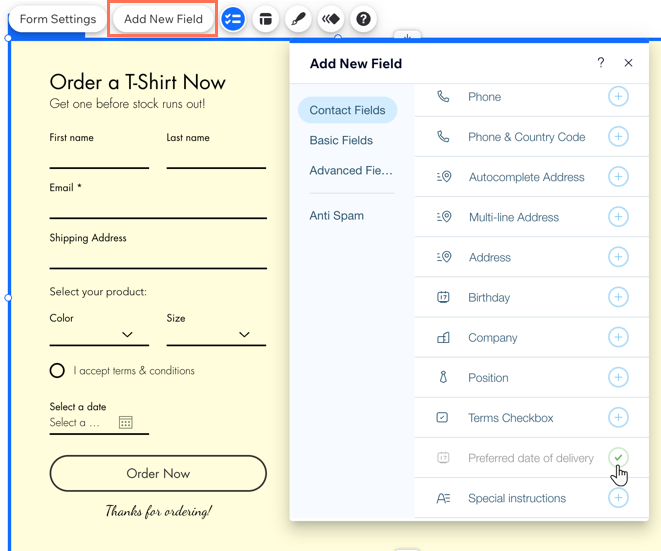 A screenshot of adding new fields to a form in the editor.