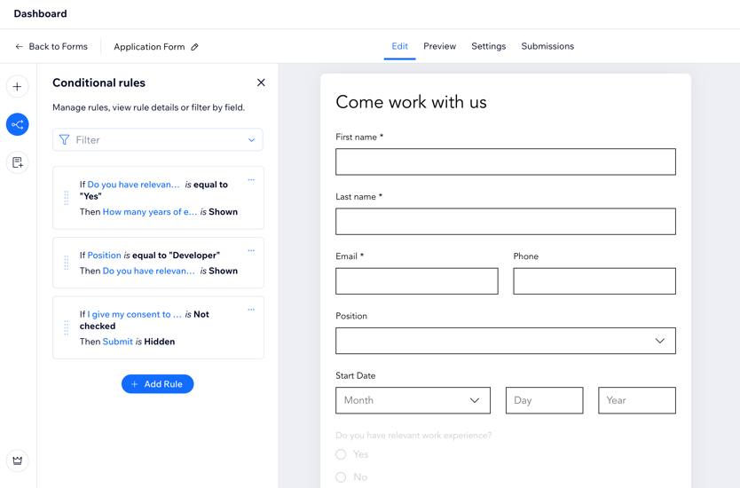 A screenshot of the conditional rules for a form.