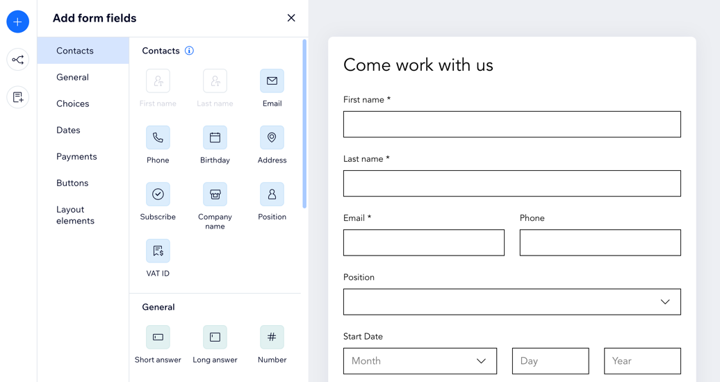 A screenshot of the form field options in Wix Forms.