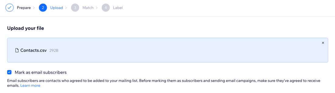 Screenshot of the Upload step and marking as email subscribers.